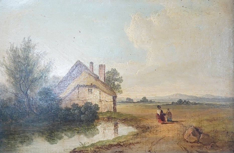 19th century English School, oil on panel, cottage scene, 17x26cm. Condition - good